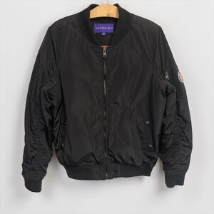 Madden Girl Womens Black Ruched Flight Bomber Jacket Orange Lining Large